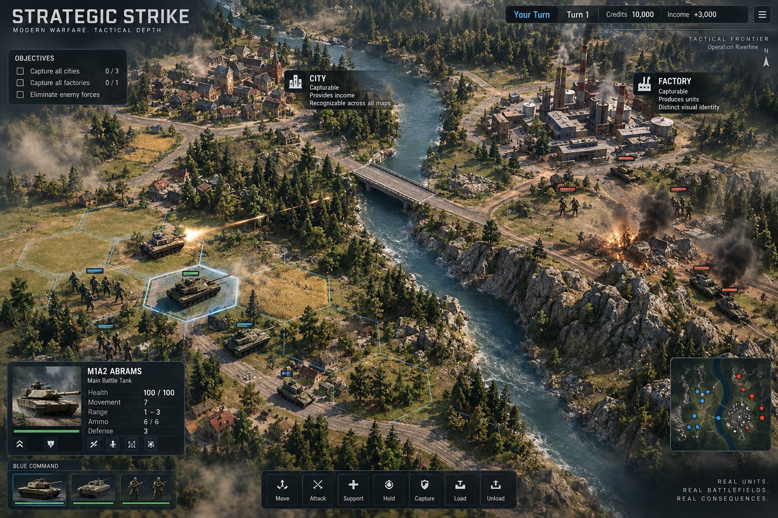 Strategic Strike art direction: an isometric river valley battlefield with tanks, infantry, a city and a factory